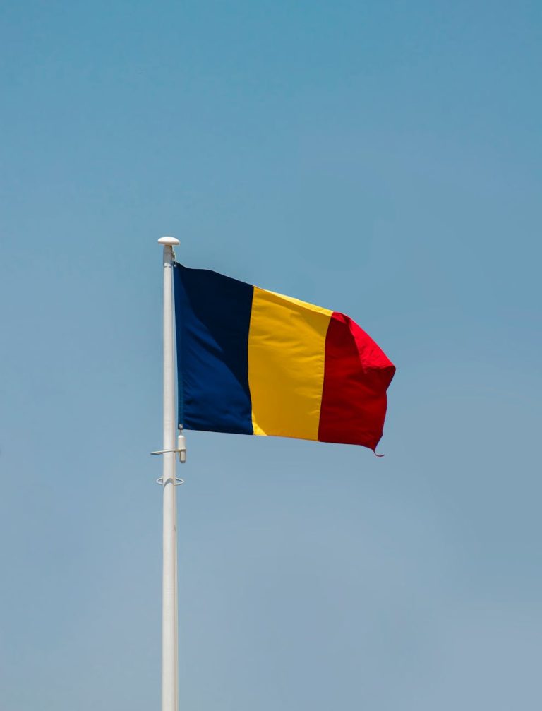 the flag of romania on a flag pole