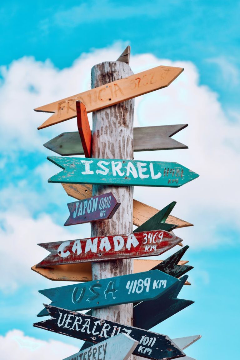 wooden post with colorful directional signs