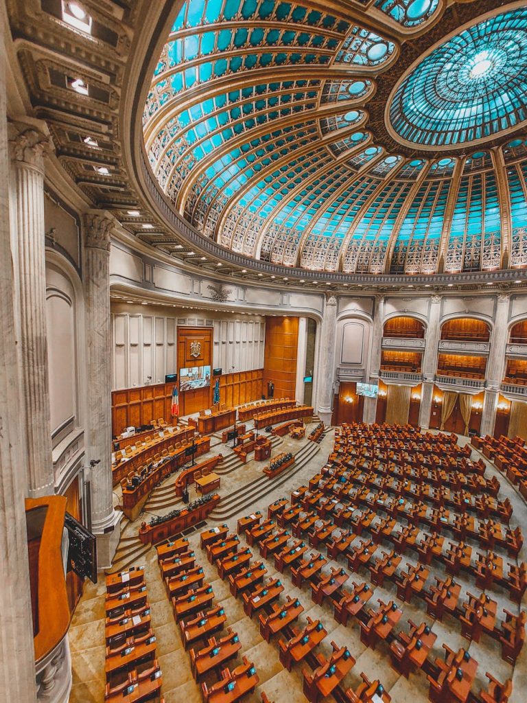 the inside of a large building with a dome